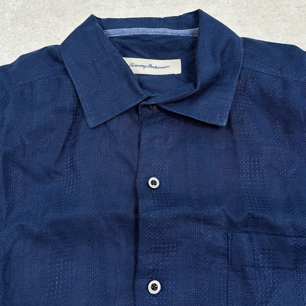 Tommy Bahama Linen Shirt Hawaiian Mens Large Blue Jacquard Long Sleeve Summer
